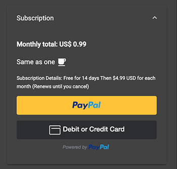 A screenshot of the paypal payment panel in the profile settings view